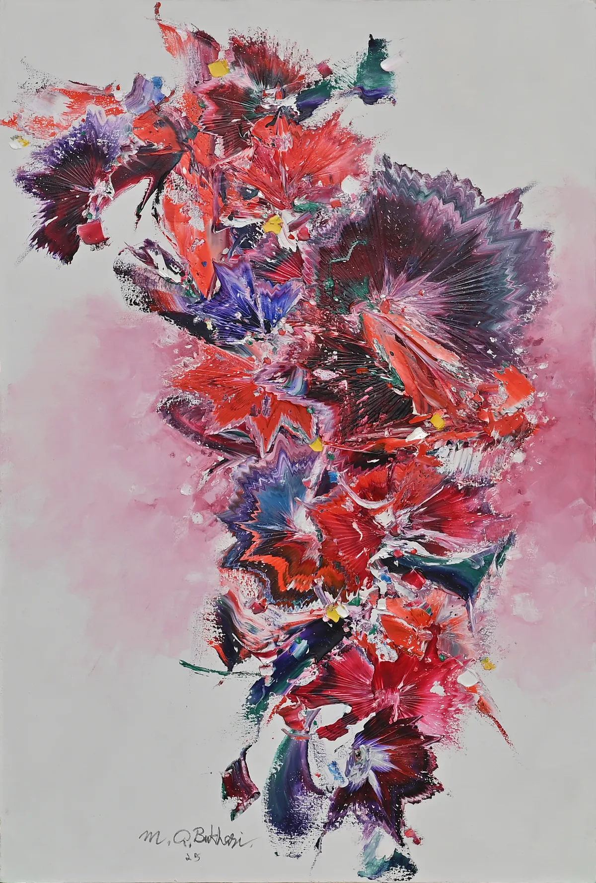 M.A. Bukhari original abstract floral oil canvas painting Crimson Symphony in Bloom with heavy impasto red and purple textures.